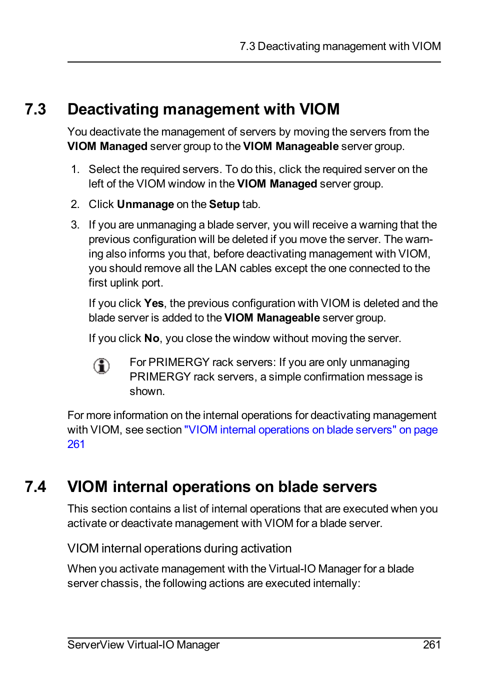 3 deactivating management with viom, 4 viom internal operations on blade servers, Deac | FUJITSU ServerView Virtual-IO Manager V3.1 User Manual | Page 261 / 362