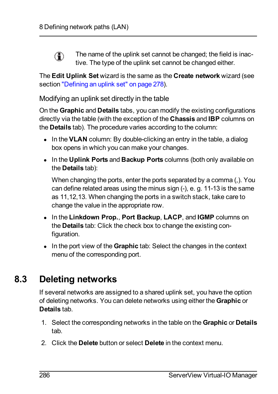 3 deleting networks, Deleting net, Modifying an uplink set directly in the table | FUJITSU ServerView Virtual-IO Manager V3.1 User Manual | Page 286 / 362