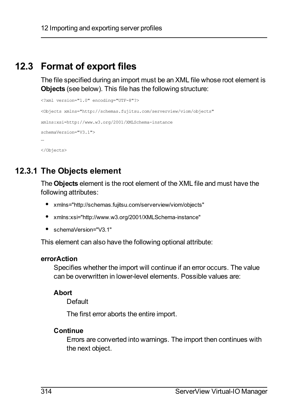 3 format of export files, 1 the objects element | FUJITSU ServerView Virtual-IO Manager V3.1 User Manual | Page 314 / 362