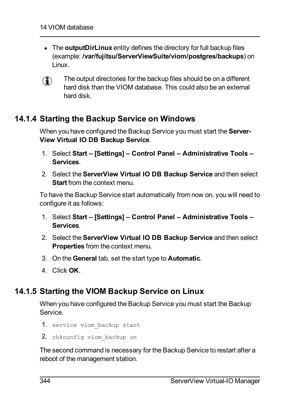 4 starting the backup service on windows, 5 starting the viom backup service on linux | FUJITSU ServerView Virtual-IO Manager V3.1 User Manual | Page 344 / 362