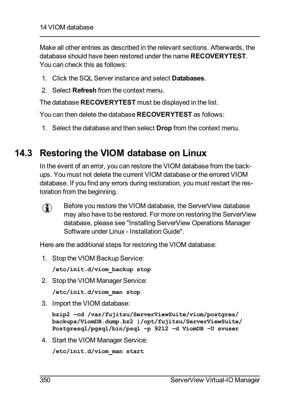 3 restoring the viom database on linux | FUJITSU ServerView Virtual-IO Manager V3.1 User Manual | Page 350 / 362