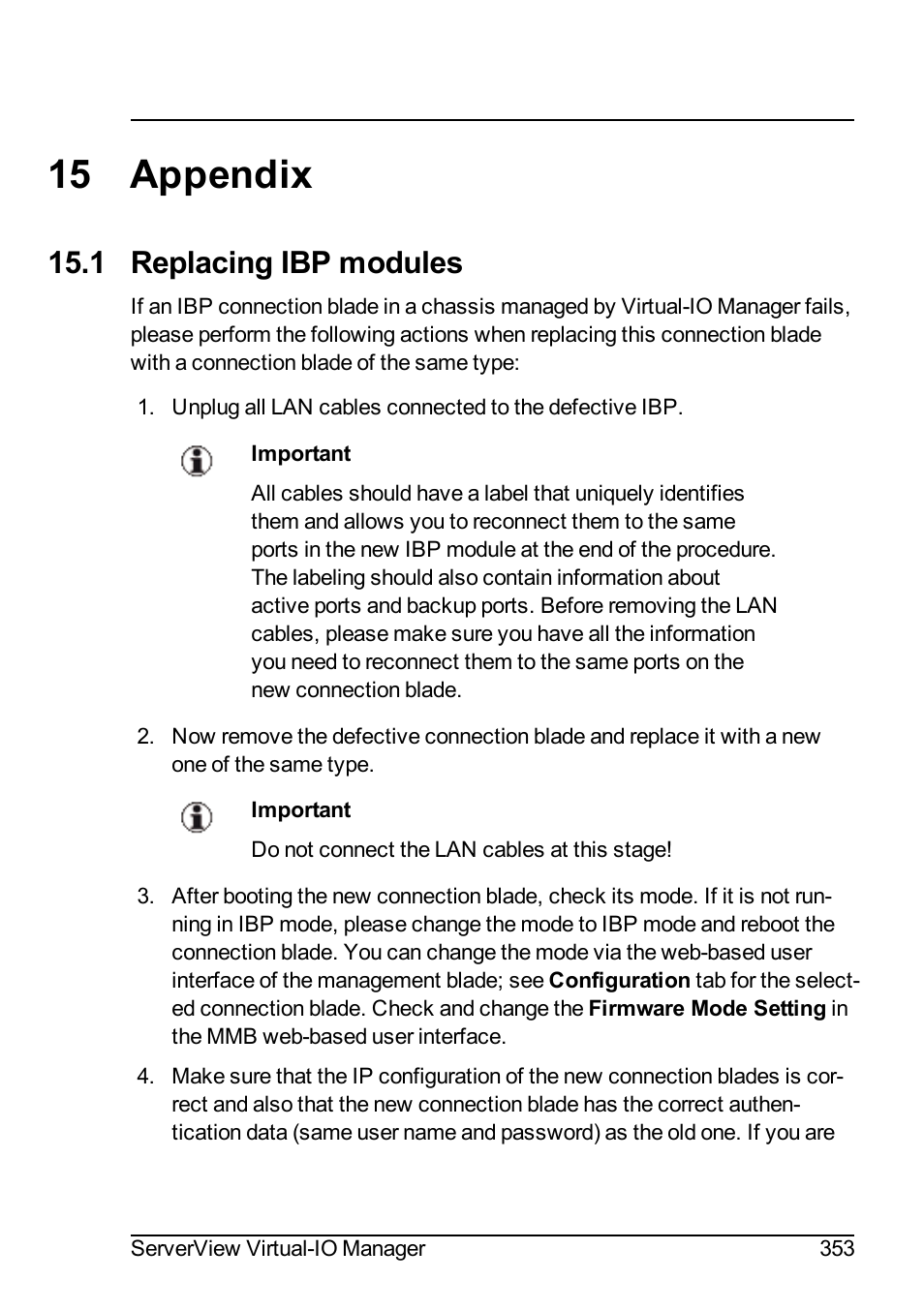 15 appendix, 1 replacing ibp modules | FUJITSU ServerView Virtual-IO Manager V3.1 User Manual | Page 353 / 362