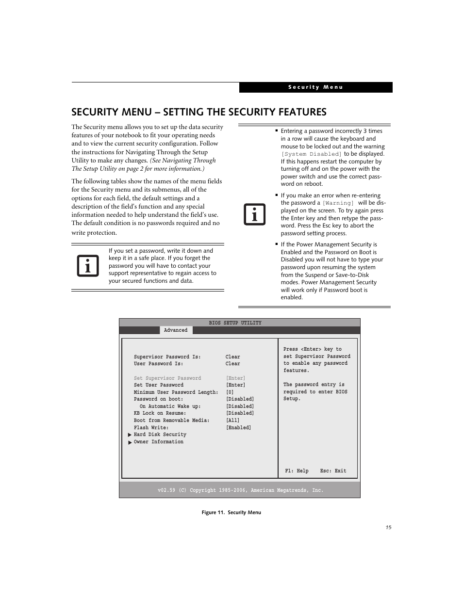 Security menu - setting the security features, Security menu – setting the security features | FUJITSU A3040 User Manual | Page 15 / 23
