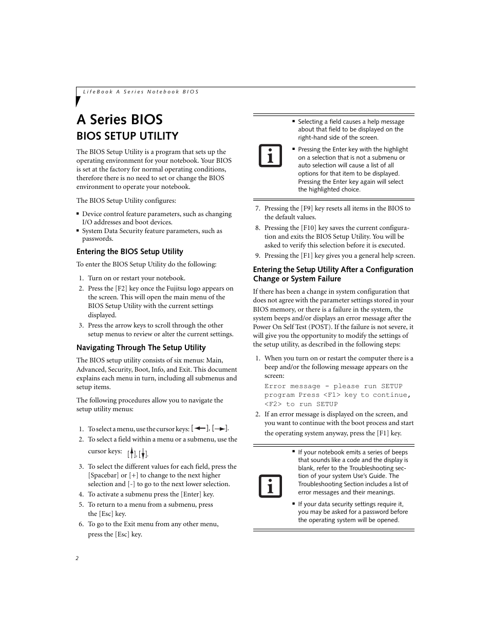 A series bios, Bios setup utility, Entering the bios setup utility | Navigating through the setup utility | FUJITSU A3040 User Manual | Page 2 / 23
