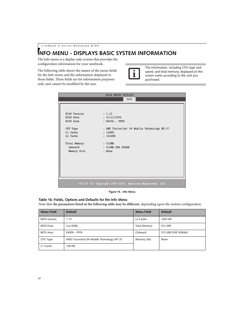 Info menu - displays basic system information | FUJITSU A3040 User Manual | Page 22 / 23