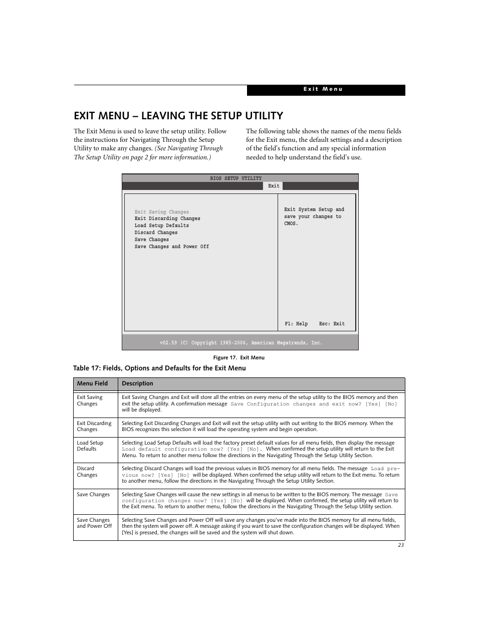Exit menu - leaving the setup utility, Exit menu – leaving the setup utility | FUJITSU A3040 User Manual | Page 23 / 23