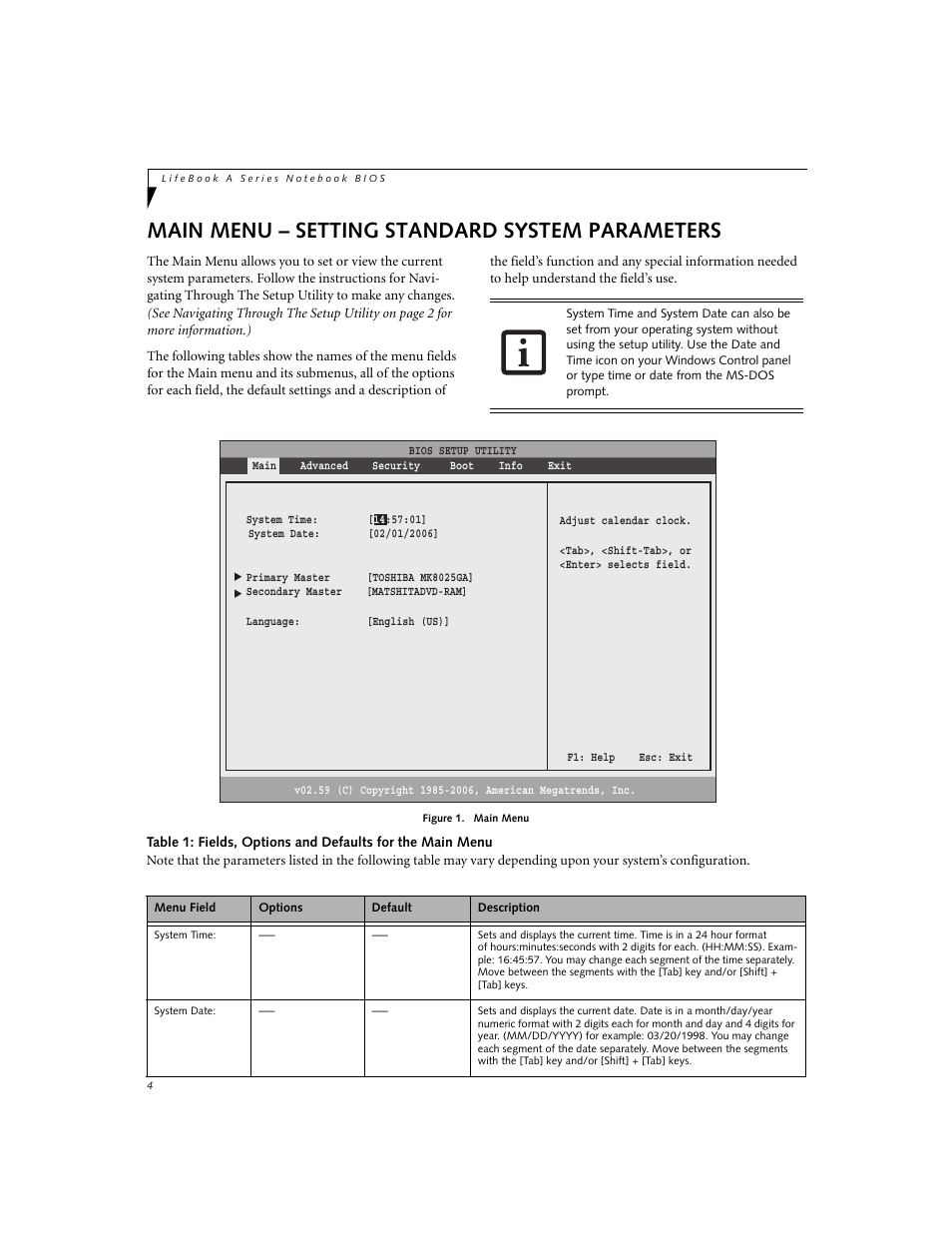 Main menu - setting standard system parameters, Main menu – setting standard system parameters | FUJITSU A3040 User Manual | Page 4 / 23