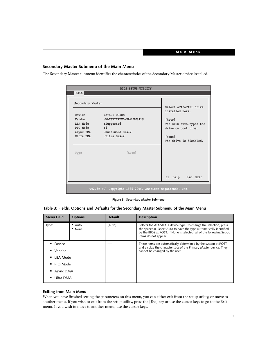 Secondary master submenu of the main menu | FUJITSU A3040 User Manual | Page 7 / 23