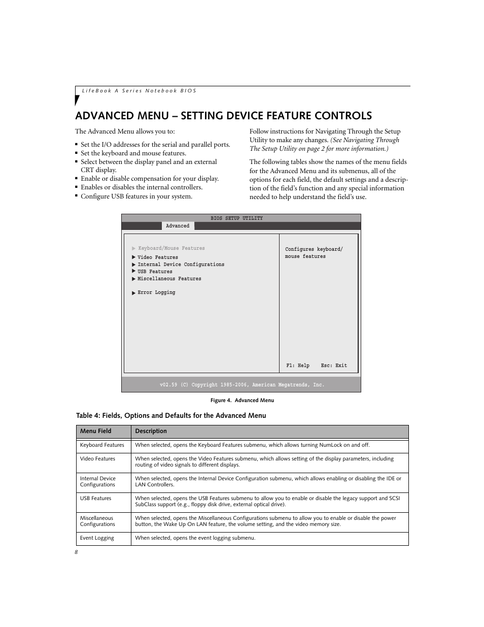 Advanced menu - setting device feature controls, Advanced menu – setting device feature controls | FUJITSU A3040 User Manual | Page 8 / 23