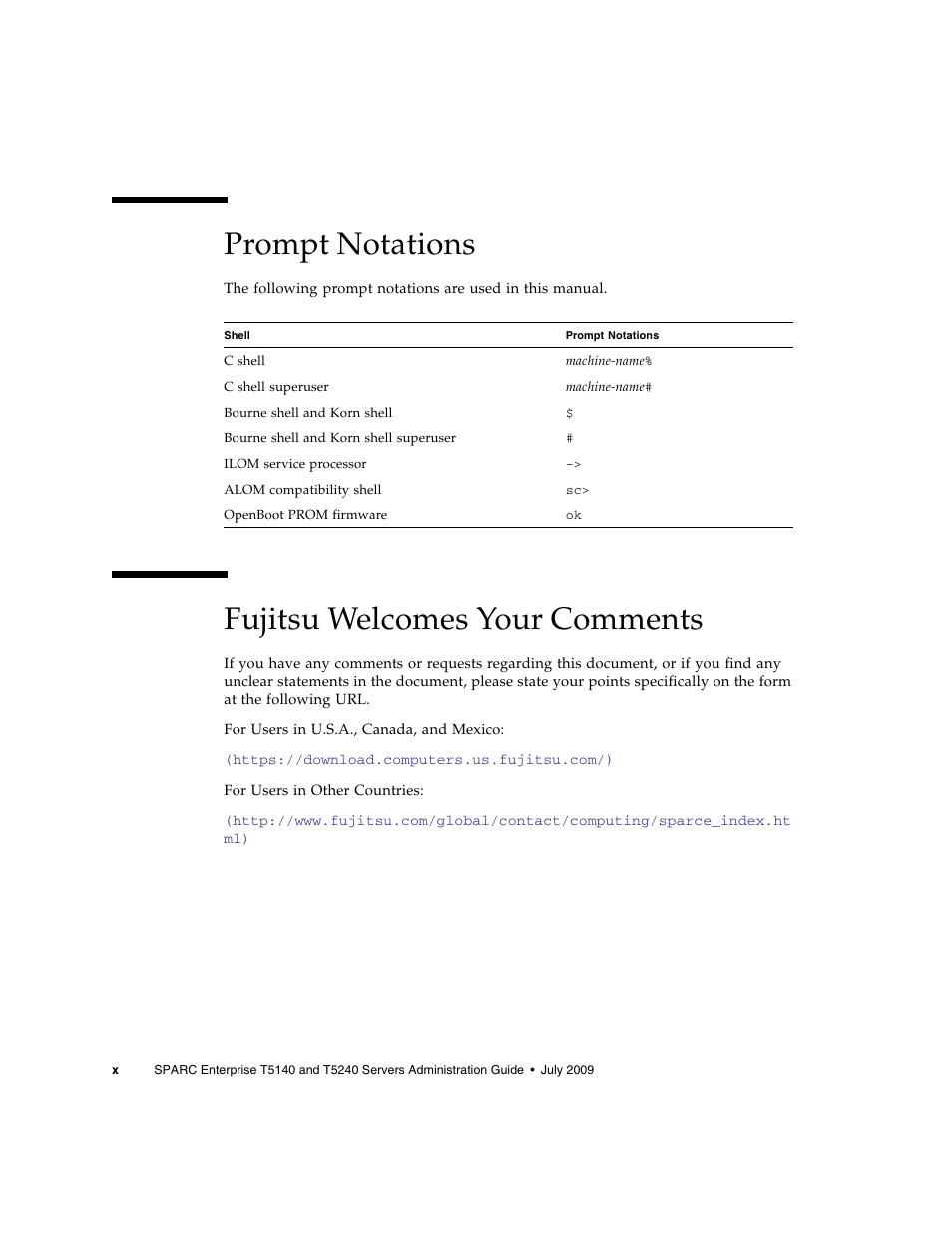 Prompt notations, Fujitsu welcomes your comments | FUJITSU T5140 User Manual | Page 16 / 76