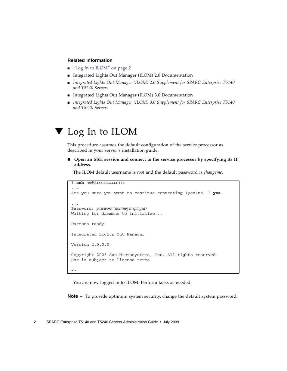 Related information, Log in to ilom | FUJITSU T5140 User Manual | Page 18 / 76