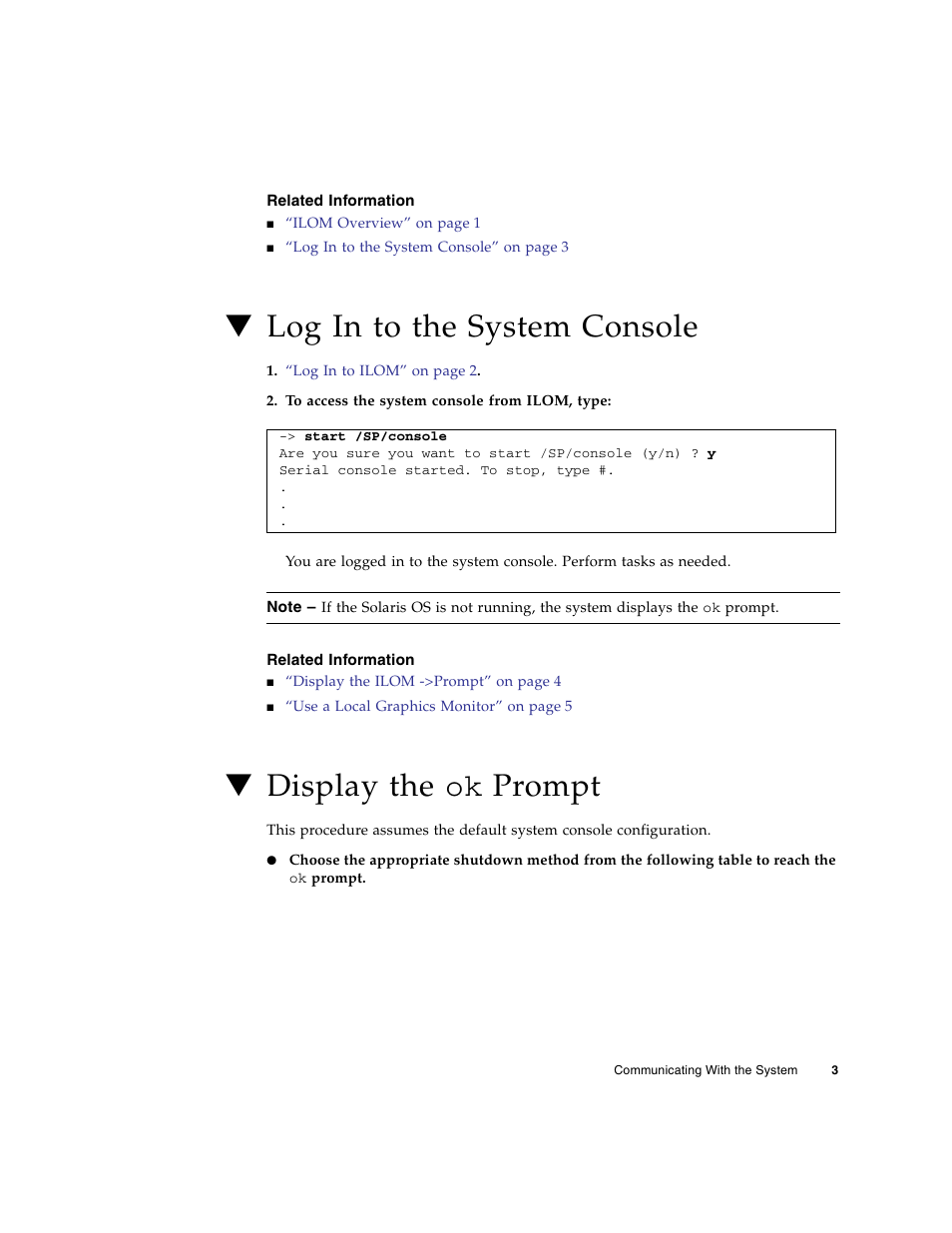 Related information, Log in to the system console, Display the ok prompt | Display the | FUJITSU T5140 User Manual | Page 19 / 76