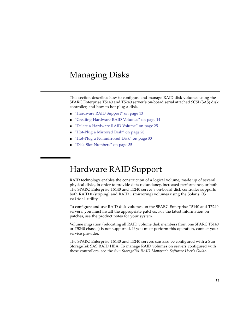 Managing disks, Hardware raid support | FUJITSU T5140 User Manual | Page 29 / 76