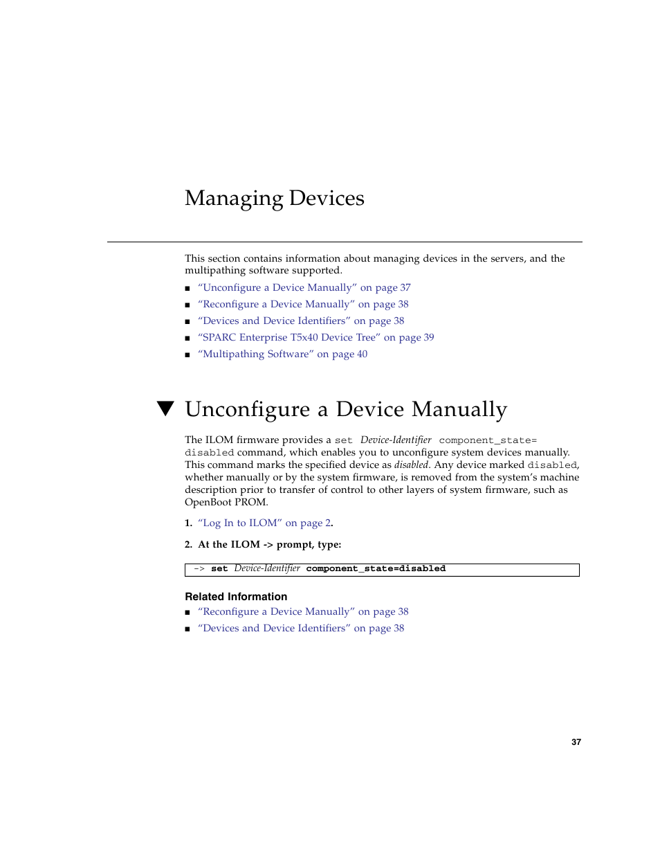 Managing devices, Unconfigure a device manually, Related information | FUJITSU T5140 User Manual | Page 53 / 76
