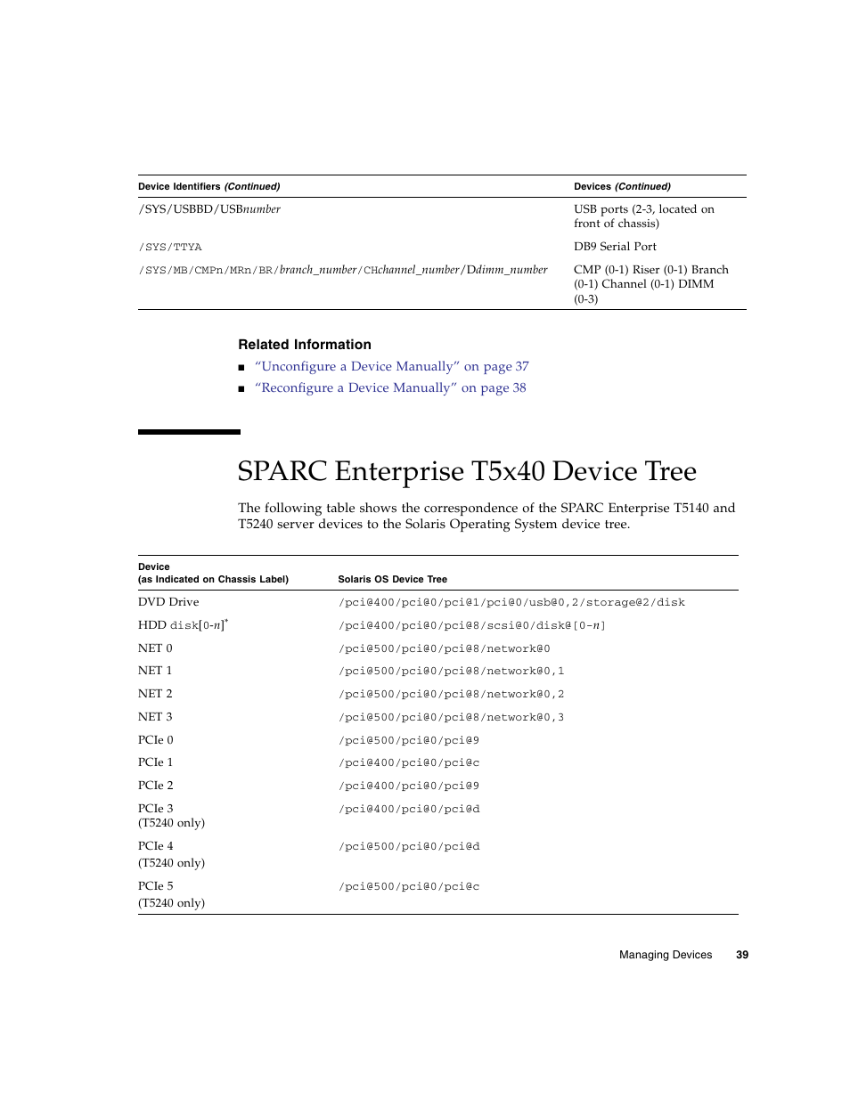 Related information, Sparc enterprise t5x40 device tree | FUJITSU T5140 User Manual | Page 55 / 76