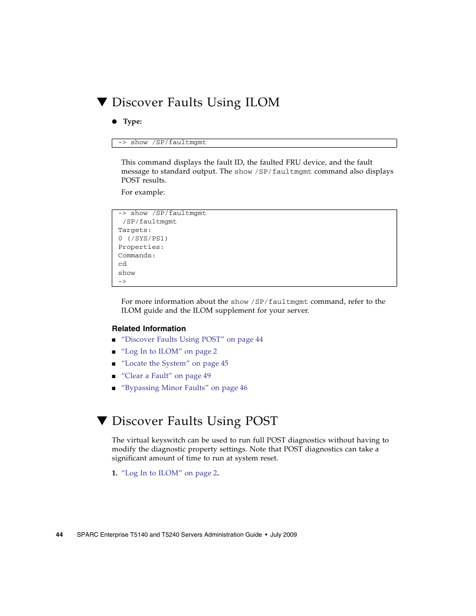 Discover faults using ilom, Related information, Discover faults using post | FUJITSU T5140 User Manual | Page 60 / 76