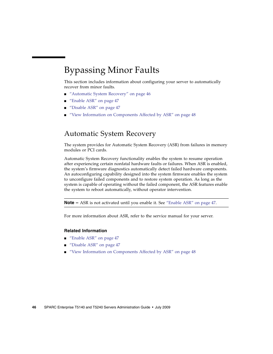 Bypassing minor faults, Automatic system recovery, Related information | FUJITSU T5140 User Manual | Page 62 / 76