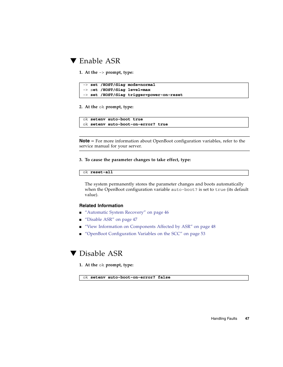 Enable asr, Related information, Disable asr | FUJITSU T5140 User Manual | Page 63 / 76