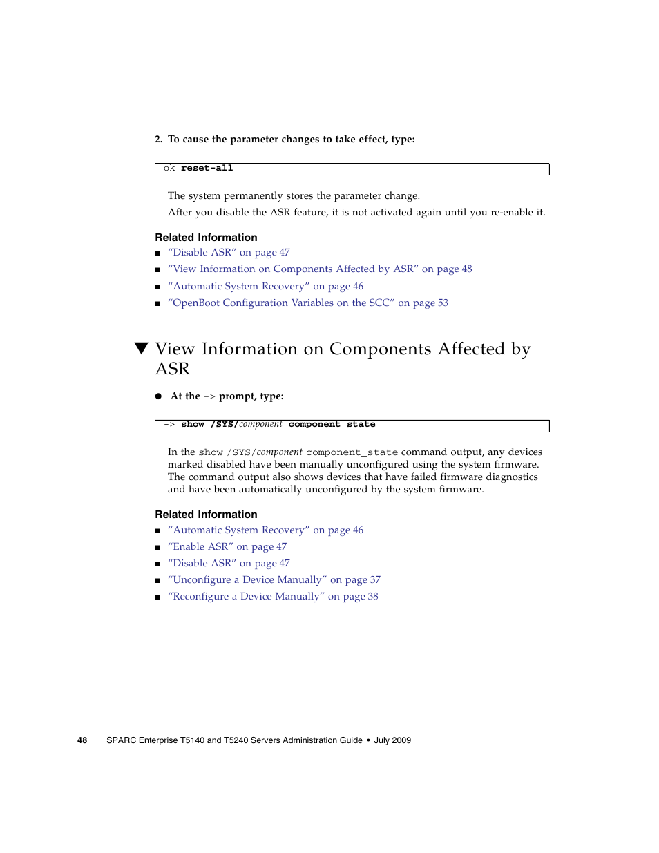 Related information, View information on components affected by asr | FUJITSU T5140 User Manual | Page 64 / 76