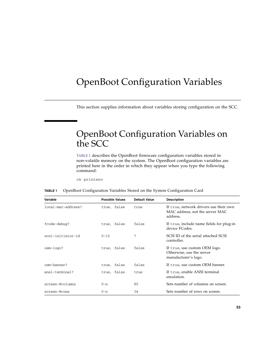 Openboot configuration variables, Openboot configuration variables on the scc | FUJITSU T5140 User Manual | Page 69 / 76