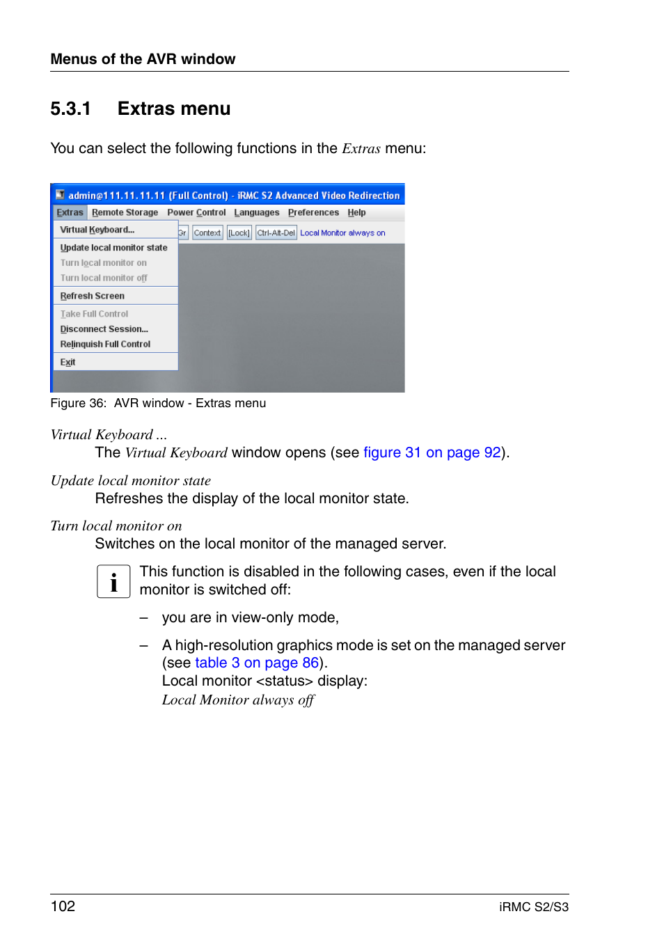 Extras menu, 1 extras menu | FUJITSU INTEGRATED REMOTE MANAGEMENT CONTROLLER IRMC S2/S3 User Manual | Page 102 / 426