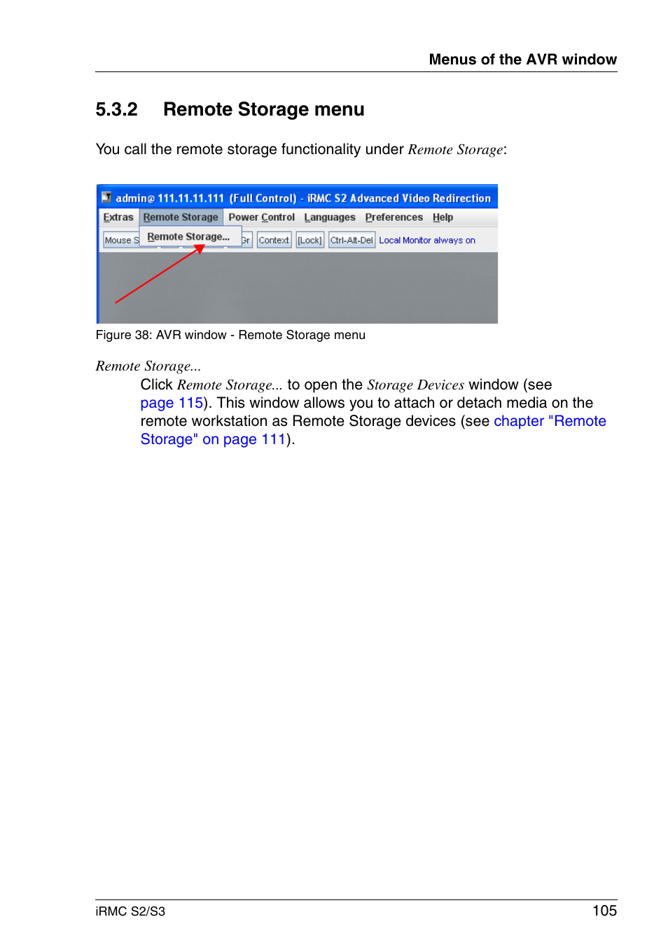 Remote storage menu, 2 remote storage menu | FUJITSU INTEGRATED REMOTE MANAGEMENT CONTROLLER IRMC S2/S3 User Manual | Page 105 / 426