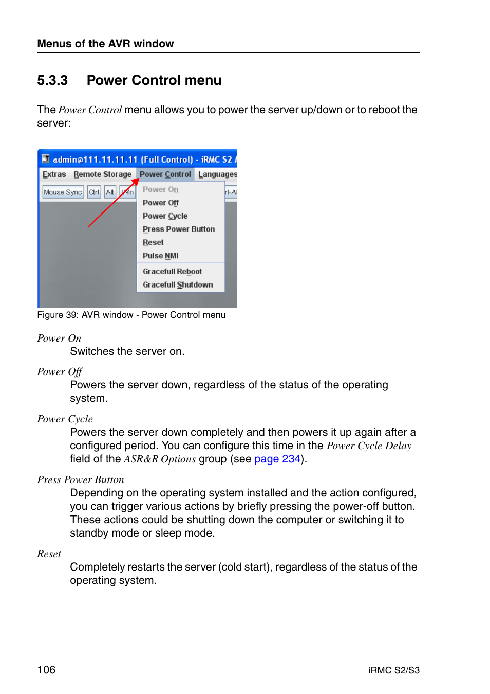 Power control menu, 3 power control menu | FUJITSU INTEGRATED REMOTE MANAGEMENT CONTROLLER IRMC S2/S3 User Manual | Page 106 / 426