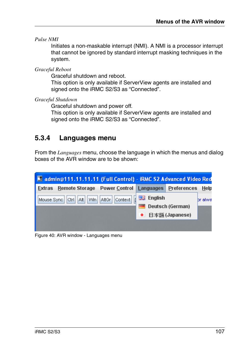 Languages menu, 4 languages menu | FUJITSU INTEGRATED REMOTE MANAGEMENT CONTROLLER IRMC S2/S3 User Manual | Page 107 / 426
