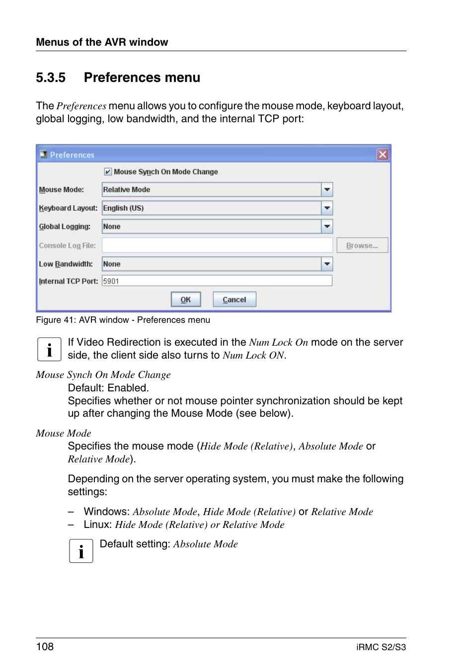 Preferences menu, 5 preferences menu | FUJITSU INTEGRATED REMOTE MANAGEMENT CONTROLLER IRMC S2/S3 User Manual | Page 108 / 426