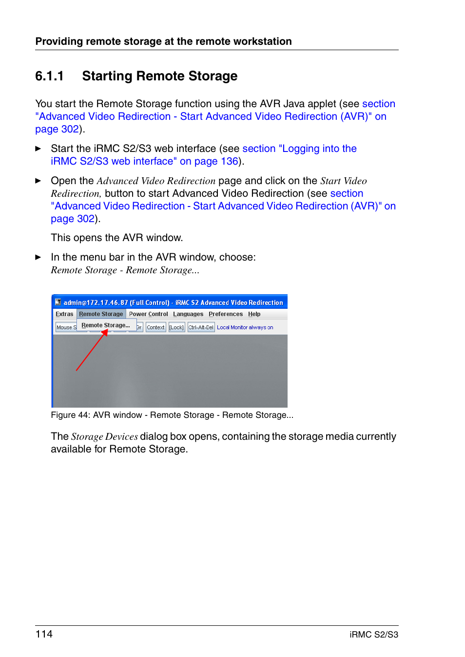 Starting remote storage, 1 starting remote storage | FUJITSU INTEGRATED REMOTE MANAGEMENT CONTROLLER IRMC S2/S3 User Manual | Page 114 / 426