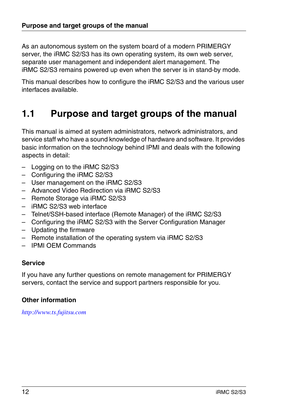 Purpose and target groups of the manual, 1 purpose and target groups of the manual | FUJITSU INTEGRATED REMOTE MANAGEMENT CONTROLLER IRMC S2/S3 User Manual | Page 12 / 426