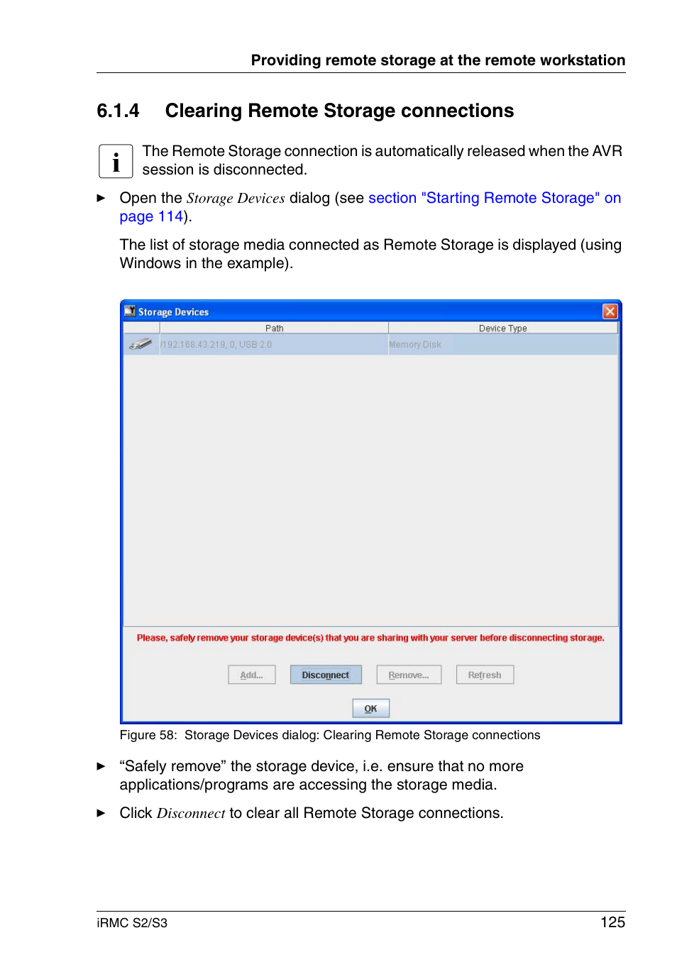 Clearing remote storage connections, 4 clearing remote storage connections | FUJITSU INTEGRATED REMOTE MANAGEMENT CONTROLLER IRMC S2/S3 User Manual | Page 125 / 426