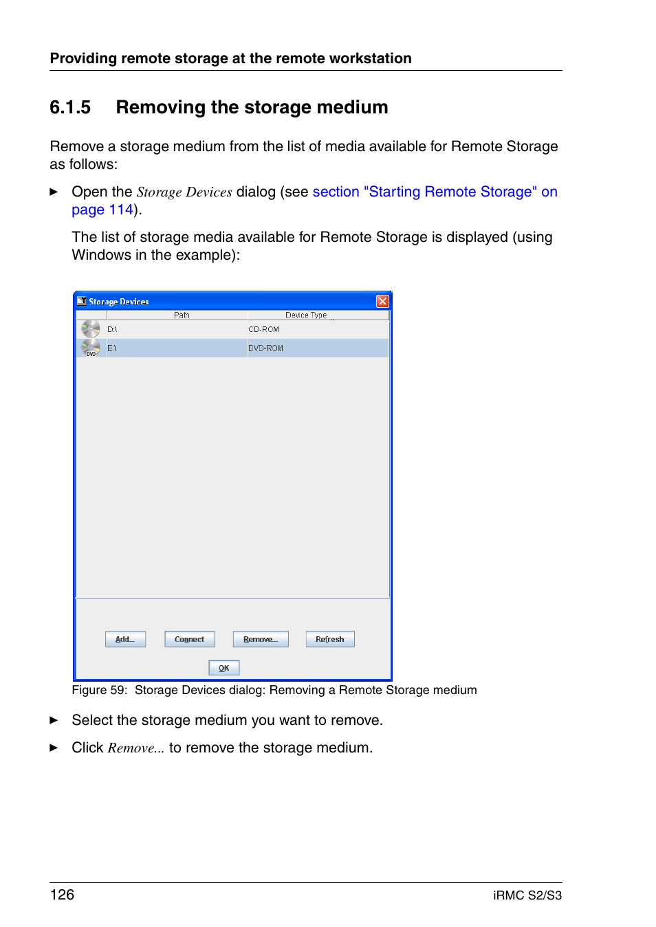 Removing the storage medium, 5 removing the storage medium | FUJITSU INTEGRATED REMOTE MANAGEMENT CONTROLLER IRMC S2/S3 User Manual | Page 126 / 426