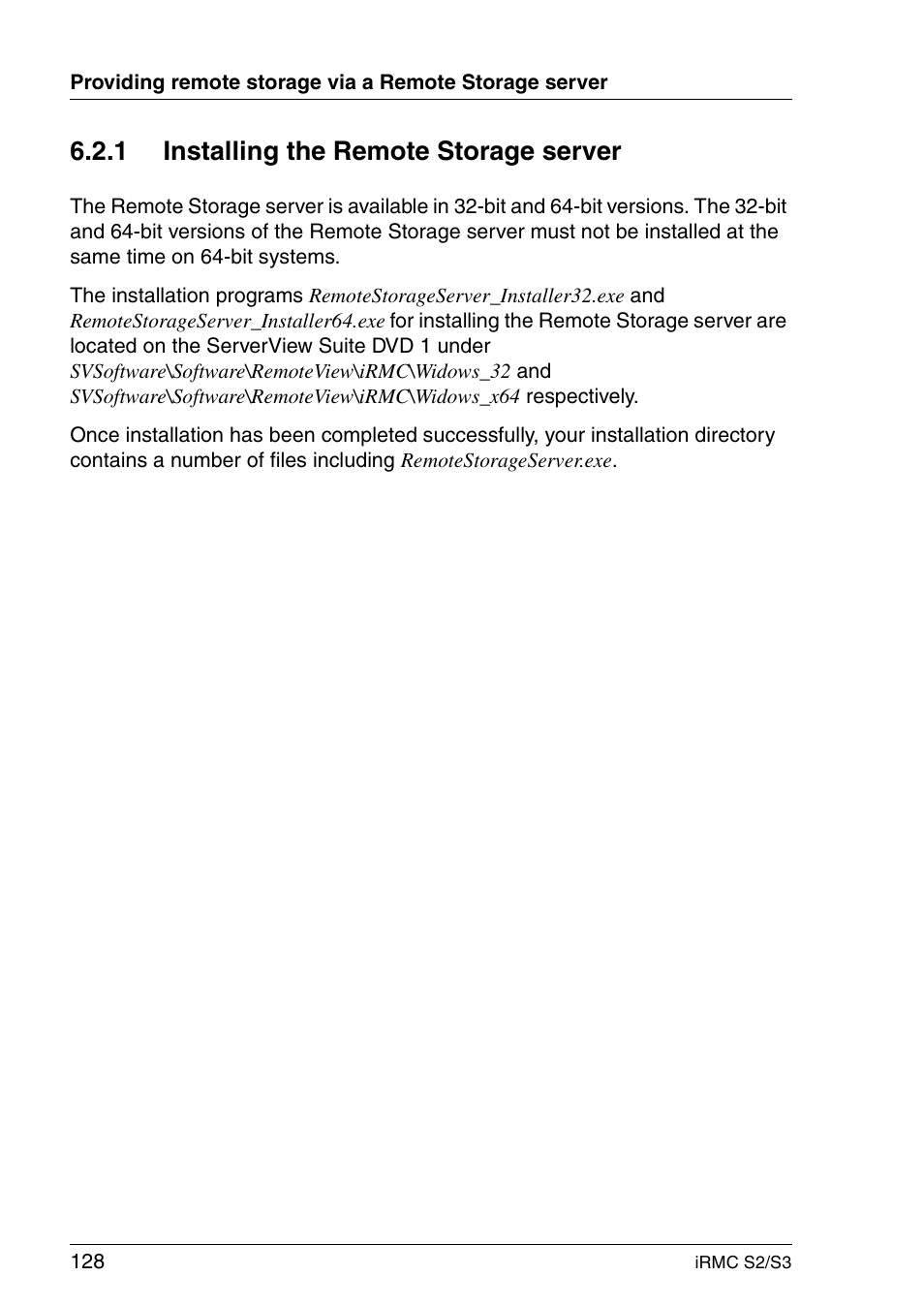 Installing the remote storage server, 1 installing the remote storage server | FUJITSU INTEGRATED REMOTE MANAGEMENT CONTROLLER IRMC S2/S3 User Manual | Page 128 / 426