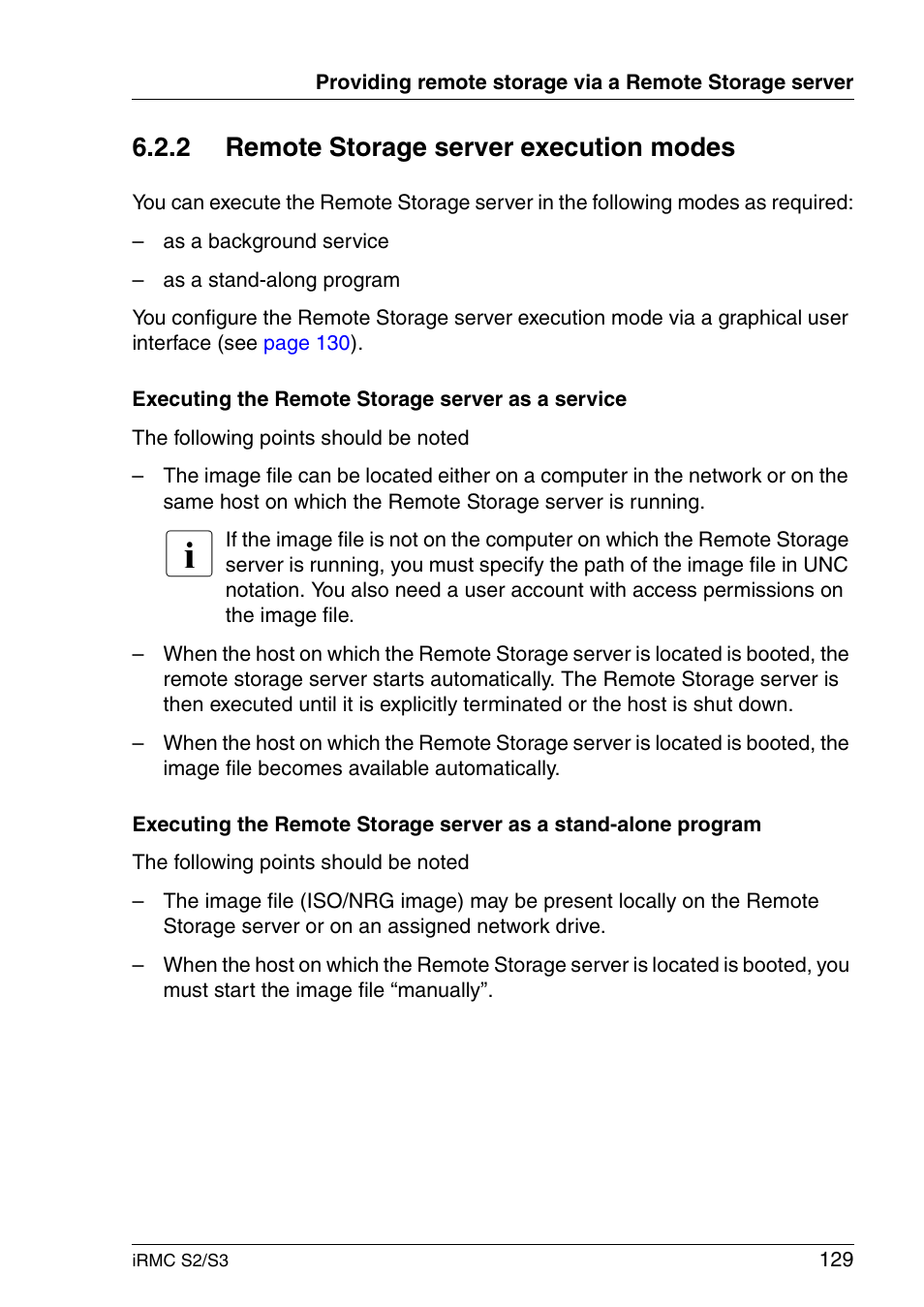 Remote storage server execution modes, 2 remote storage server execution modes | FUJITSU INTEGRATED REMOTE MANAGEMENT CONTROLLER IRMC S2/S3 User Manual | Page 129 / 426