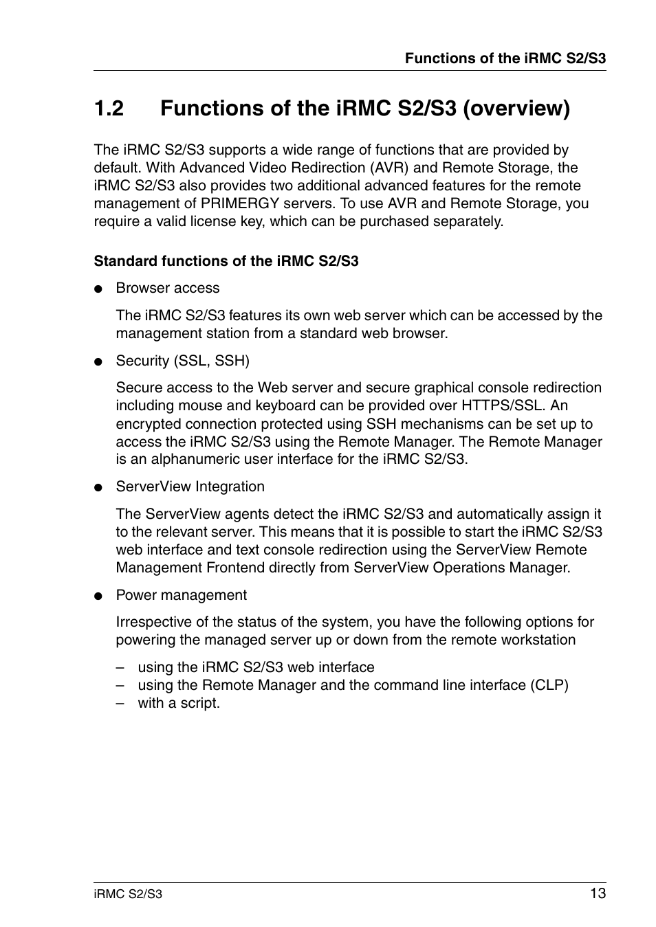 Functions of the irmc s2/s3 (overview), 2 functions of the irmc s2/s3 (overview) | FUJITSU INTEGRATED REMOTE MANAGEMENT CONTROLLER IRMC S2/S3 User Manual | Page 13 / 426