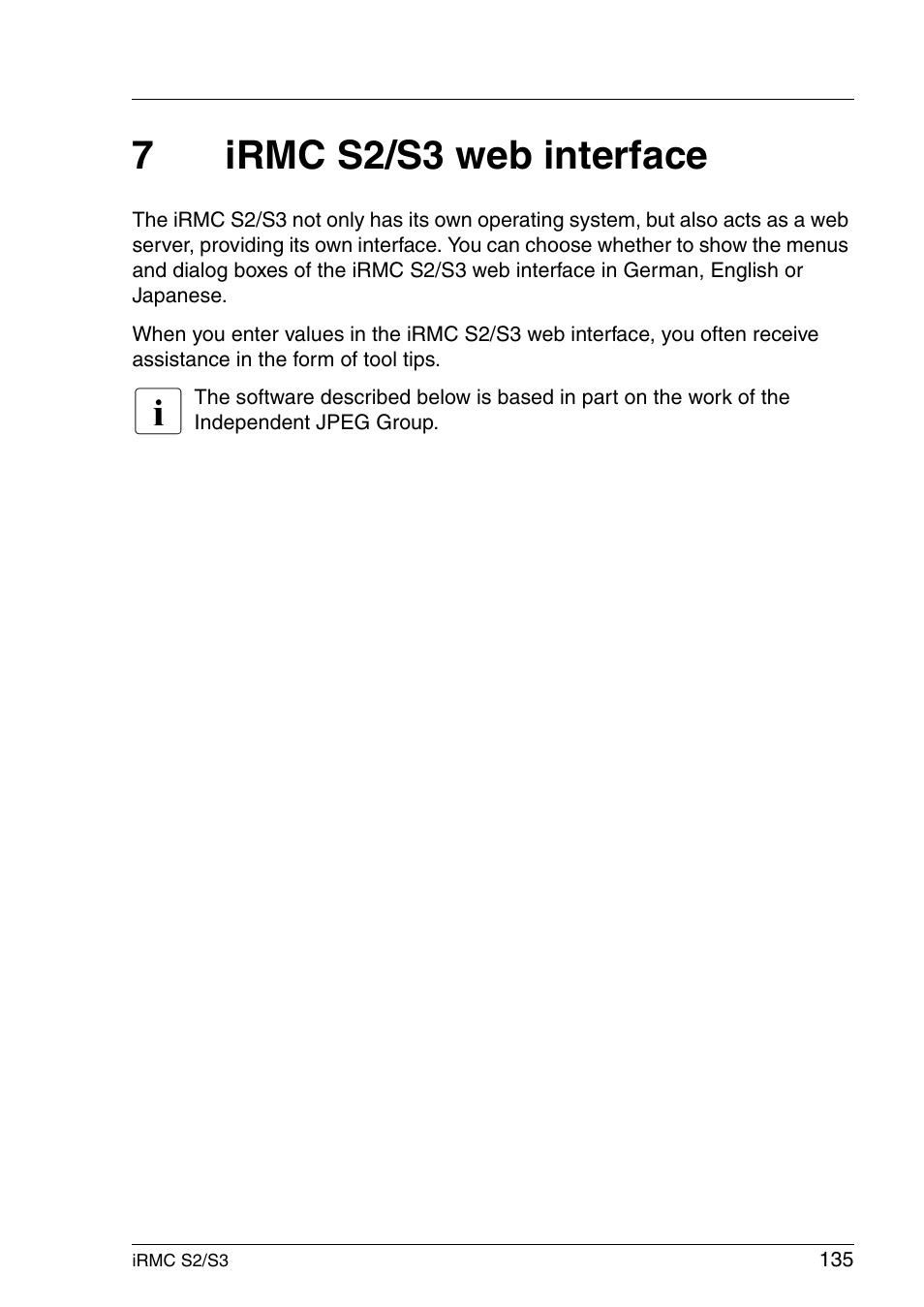 Irmc s2/s3 web interface, Chapter, 7irmc s2/s3 web interface | FUJITSU INTEGRATED REMOTE MANAGEMENT CONTROLLER IRMC S2/S3 User Manual | Page 135 / 426