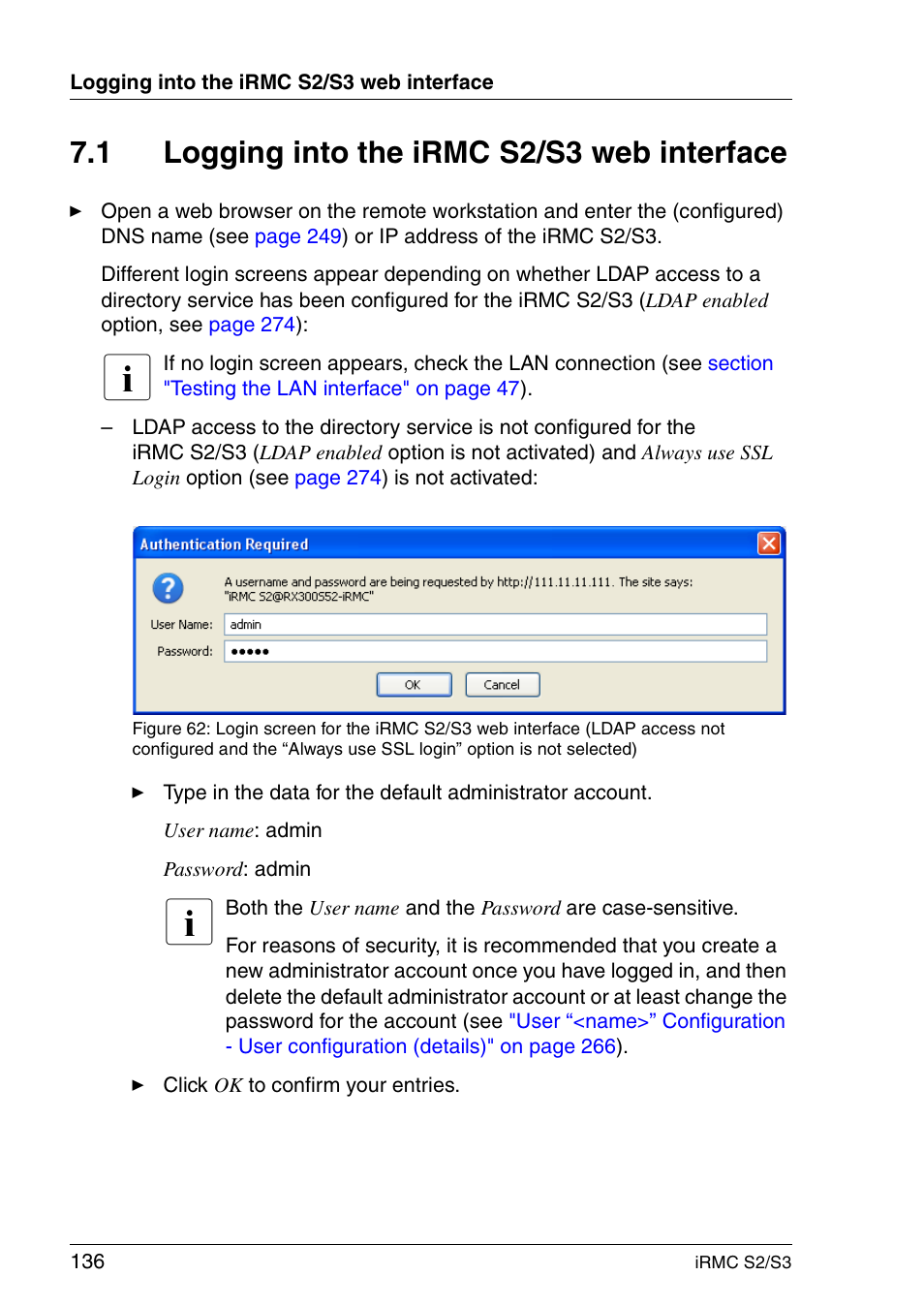 Logging into the irmc s2/s3 web interface, Section "logging into the, 1 logging into the irmc s2/s3 web interface | FUJITSU INTEGRATED REMOTE MANAGEMENT CONTROLLER IRMC S2/S3 User Manual | Page 136 / 426