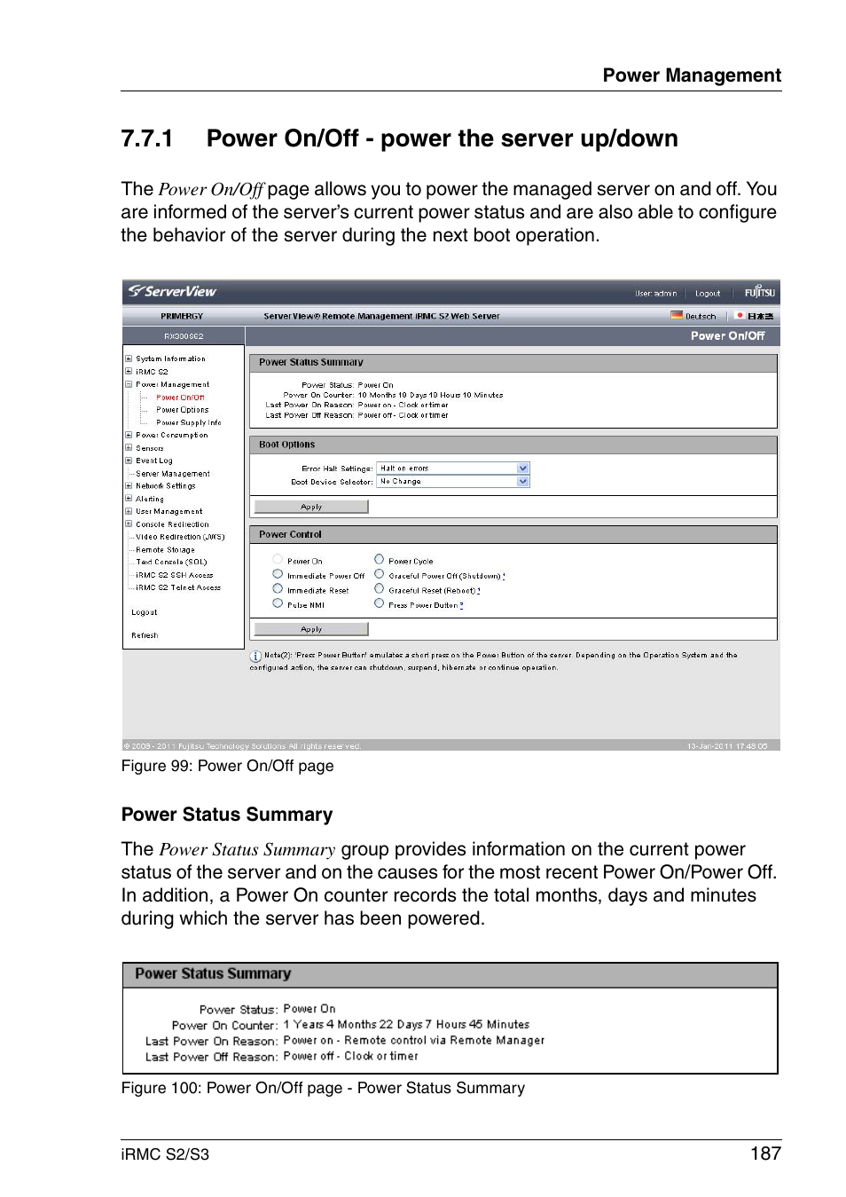 Power on/off - power the server up/down, 1 power on/off - power the server up/down | FUJITSU INTEGRATED REMOTE MANAGEMENT CONTROLLER IRMC S2/S3 User Manual | Page 187 / 426