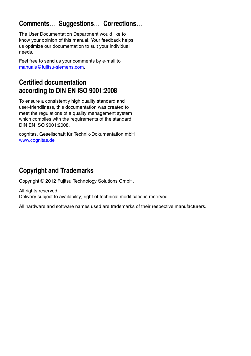 Comments … suggestions … corrections, Copyright and trademarks | FUJITSU INTEGRATED REMOTE MANAGEMENT CONTROLLER IRMC S2/S3 User Manual | Page 2 / 426