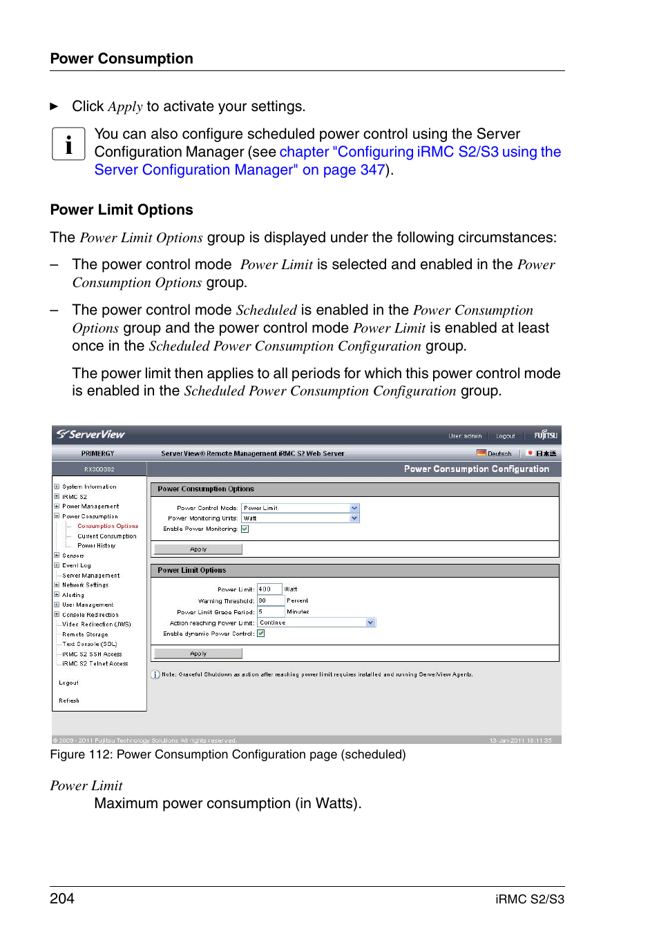 Power limit options | FUJITSU INTEGRATED REMOTE MANAGEMENT CONTROLLER IRMC S2/S3 User Manual | Page 204 / 426