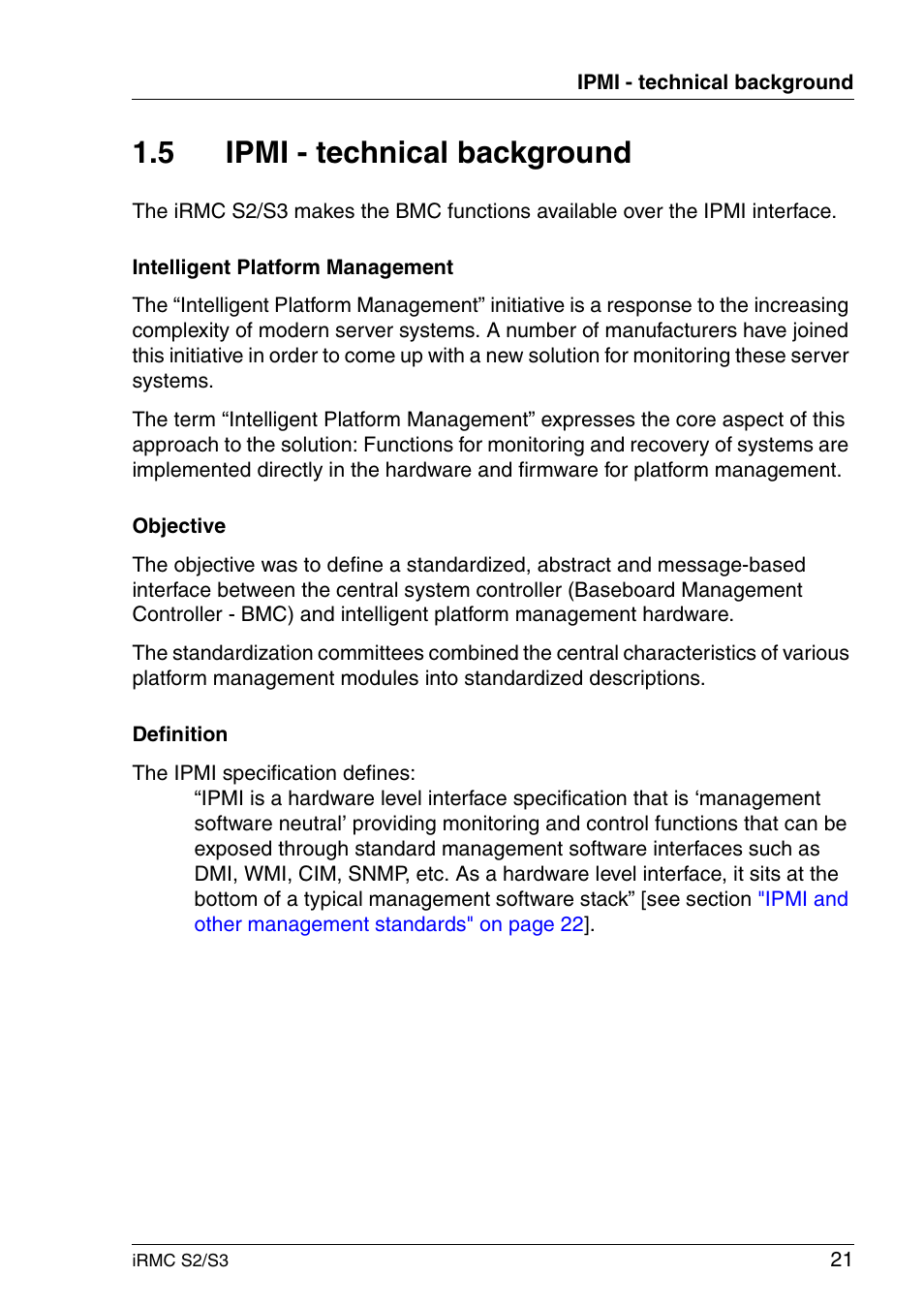 Ipmi - technical background, 5 ipmi - technical background | FUJITSU INTEGRATED REMOTE MANAGEMENT CONTROLLER IRMC S2/S3 User Manual | Page 21 / 426