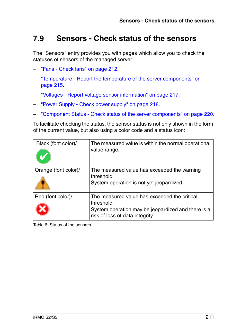 Sensors - check status of the sensors, 9 sensors - check status of the sensors | FUJITSU INTEGRATED REMOTE MANAGEMENT CONTROLLER IRMC S2/S3 User Manual | Page 211 / 426