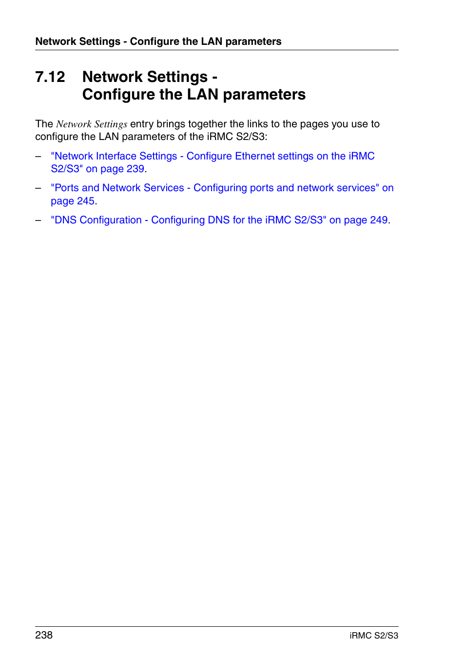 Network settings - configure the lan parameters, Section "network settings - configure the, Section | Section "network settings, 12 network settings - configure the lan parameters | FUJITSU INTEGRATED REMOTE MANAGEMENT CONTROLLER IRMC S2/S3 User Manual | Page 238 / 426