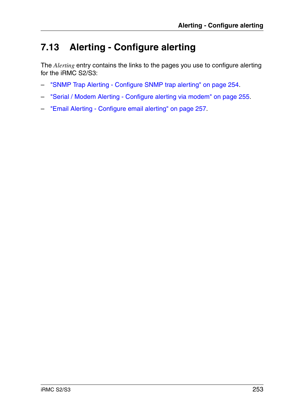 Alerting - configure alerting, 13 alerting - configure alerting | FUJITSU INTEGRATED REMOTE MANAGEMENT CONTROLLER IRMC S2/S3 User Manual | Page 253 / 426