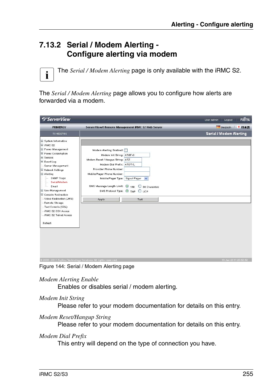 Section "serial / modem | FUJITSU INTEGRATED REMOTE MANAGEMENT CONTROLLER IRMC S2/S3 User Manual | Page 255 / 426