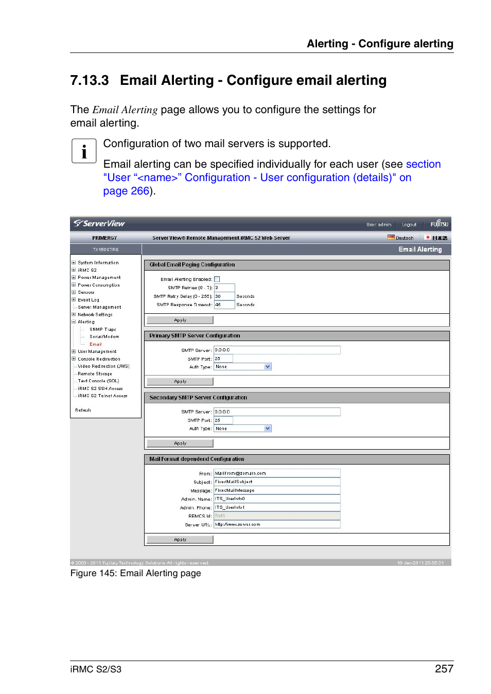 Email alerting - configure email alerting, Ng. see the, Section "email alerting - configure email | 3 email alerting - configure email alerting | FUJITSU INTEGRATED REMOTE MANAGEMENT CONTROLLER IRMC S2/S3 User Manual | Page 257 / 426