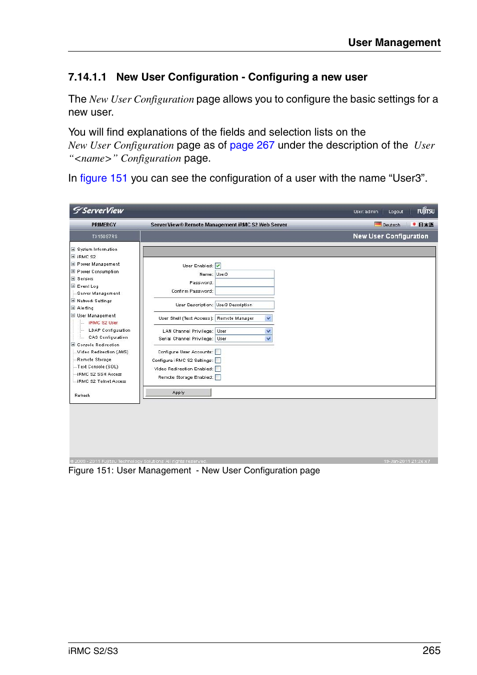 New user configuration - configuring a new user, Section "new | FUJITSU INTEGRATED REMOTE MANAGEMENT CONTROLLER IRMC S2/S3 User Manual | Page 265 / 426