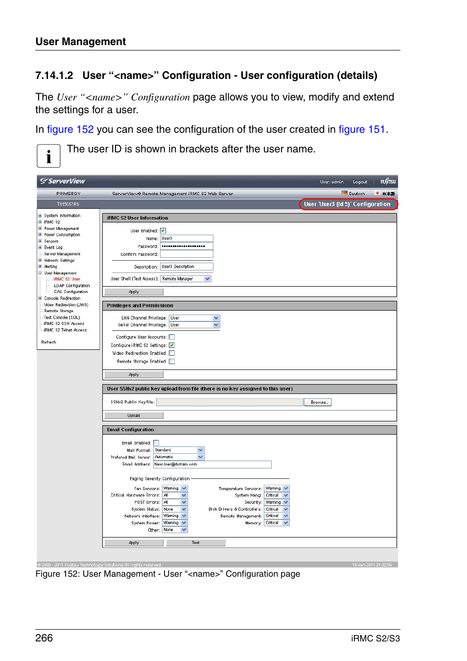 Section "user “<name>” configuration, User “<name>” configuration | FUJITSU INTEGRATED REMOTE MANAGEMENT CONTROLLER IRMC S2/S3 User Manual | Page 266 / 426