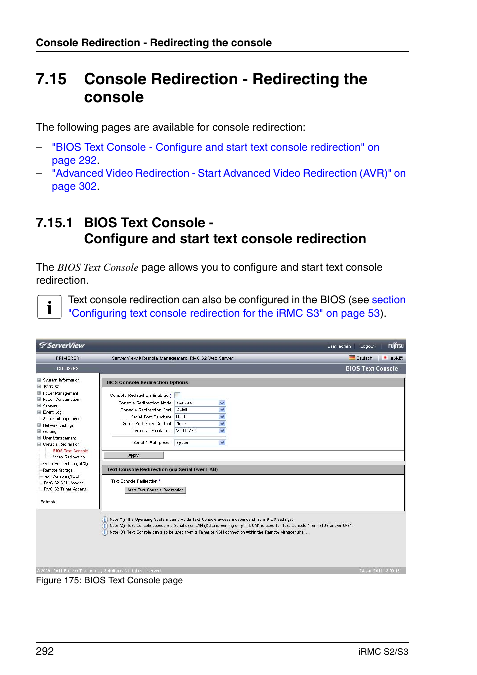 Console redirection - redirecting the console, Section "bios text console - configure, 15 console redirection - redirecting the console | FUJITSU INTEGRATED REMOTE MANAGEMENT CONTROLLER IRMC S2/S3 User Manual | Page 292 / 426